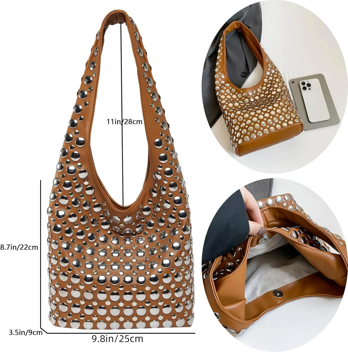 Trendy Punk Studded Shoulder Bag Vegan Leather Bucket Hobo Handbag for Women Y2K Fashion Tote Purse