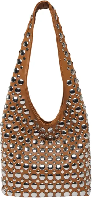 Trendy Punk Studded Shoulder Bag Vegan Leather Bucket Hobo Handbag for Women Y2K Fashion Tote Purse