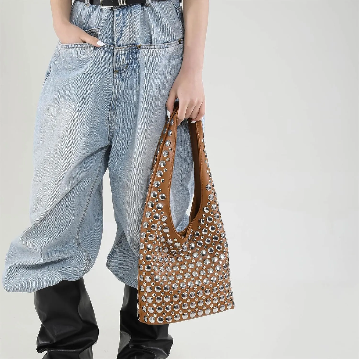 Trendy Punk Studded Shoulder Bag Vegan Leather Bucket Hobo Handbag for Women Y2K Fashion Tote Purse
