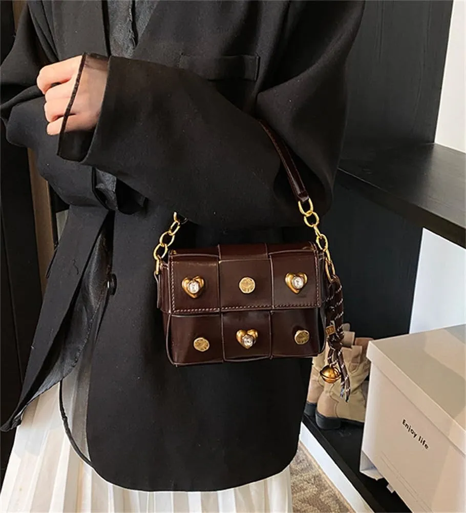 Trendy Rivet Crossbody Bag Small Patchwork Shoulder Purse PU Leather Tote Handbag Dating Travel Work