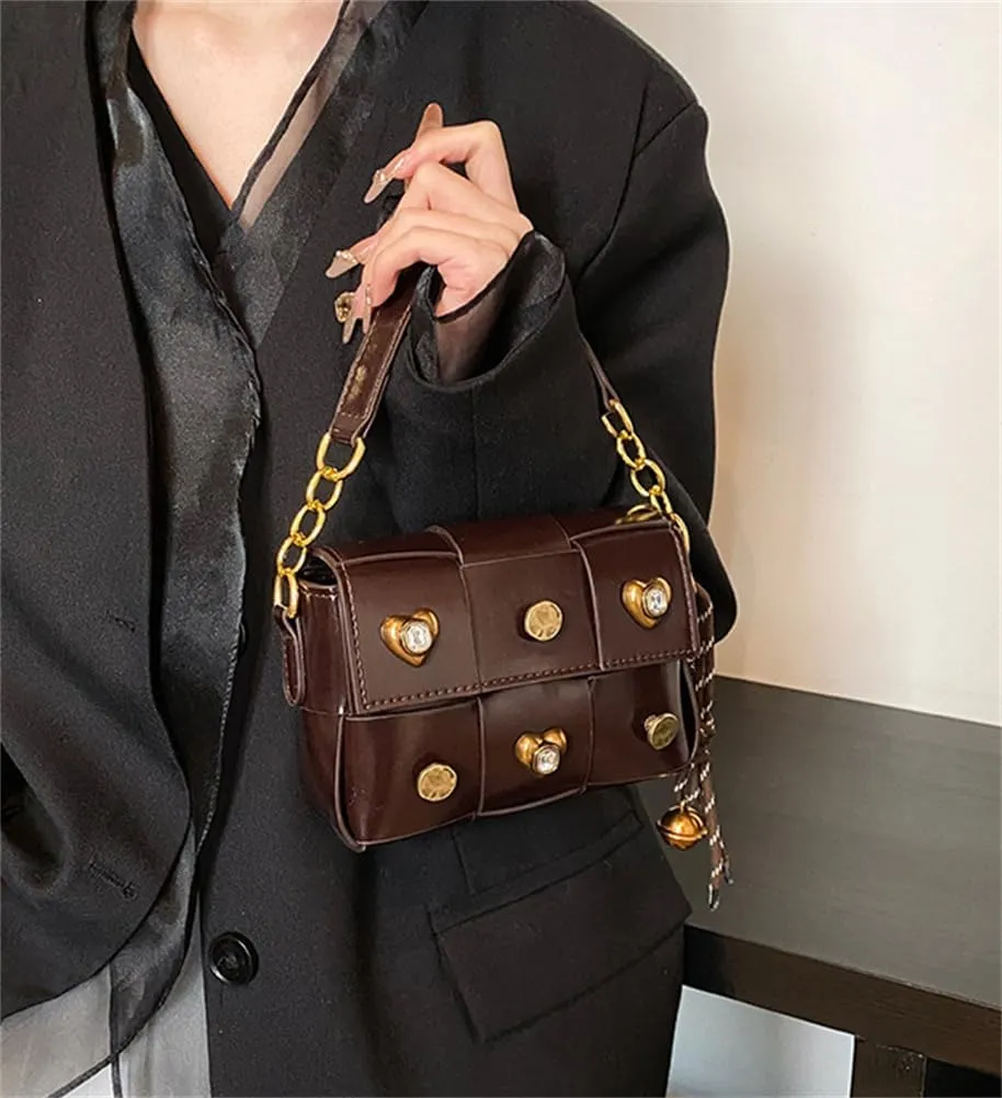 Trendy Rivet Crossbody Bag Small Patchwork Shoulder Purse PU Leather Tote Handbag Dating Travel Work
