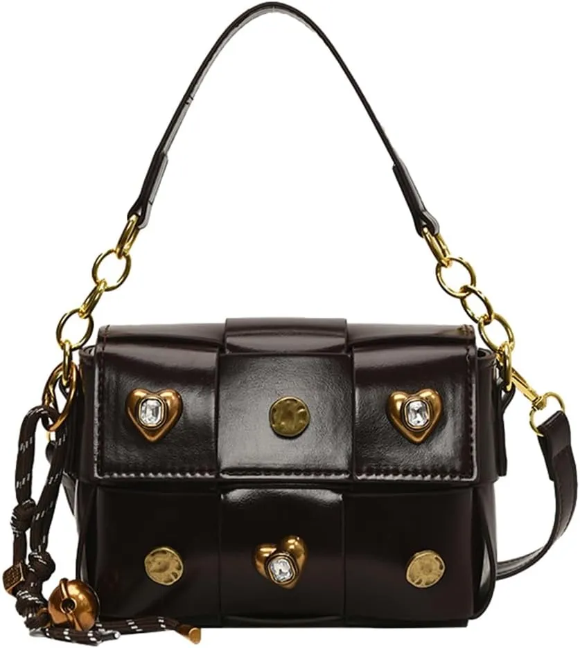Trendy Rivet Crossbody Bag Small Patchwork Shoulder Purse PU Leather Tote Handbag Dating Travel Work