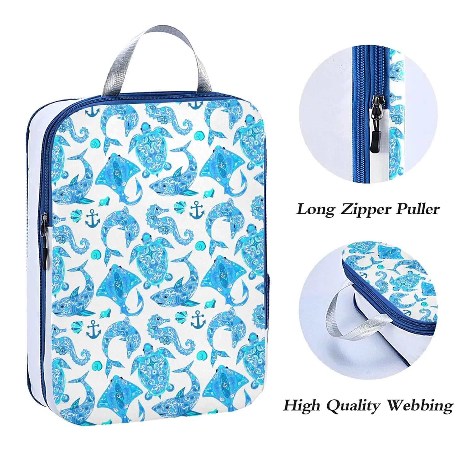 Turquoise Marine Animals, Sea Turtle, Dolphin, Sea Horse on White 3 Set Packing Cubes, Waterproof Check Oxford cloth Organizers, Travel Packing Toiletry Storage Bag