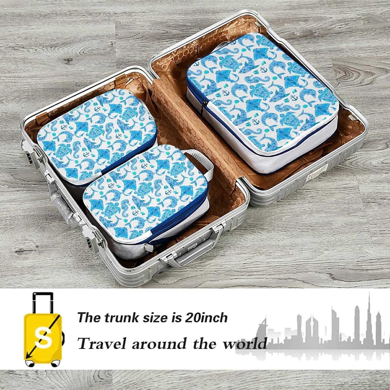 Turquoise Marine Animals, Sea Turtle, Dolphin, Sea Horse on White 3 Set Packing Cubes, Waterproof Check Oxford cloth Organizers, Travel Packing Toiletry Storage Bag