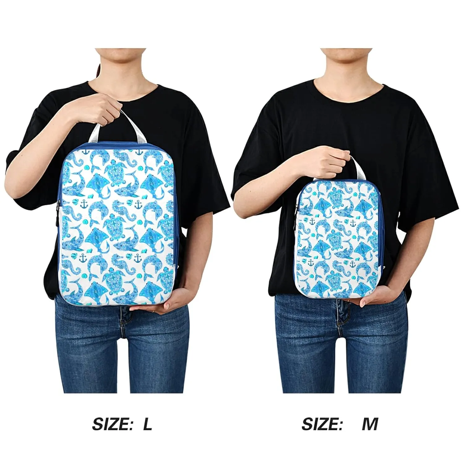 Turquoise Marine Animals, Sea Turtle, Dolphin, Sea Horse on White 3 Set Packing Cubes, Waterproof Check Oxford cloth Organizers, Travel Packing Toiletry Storage Bag