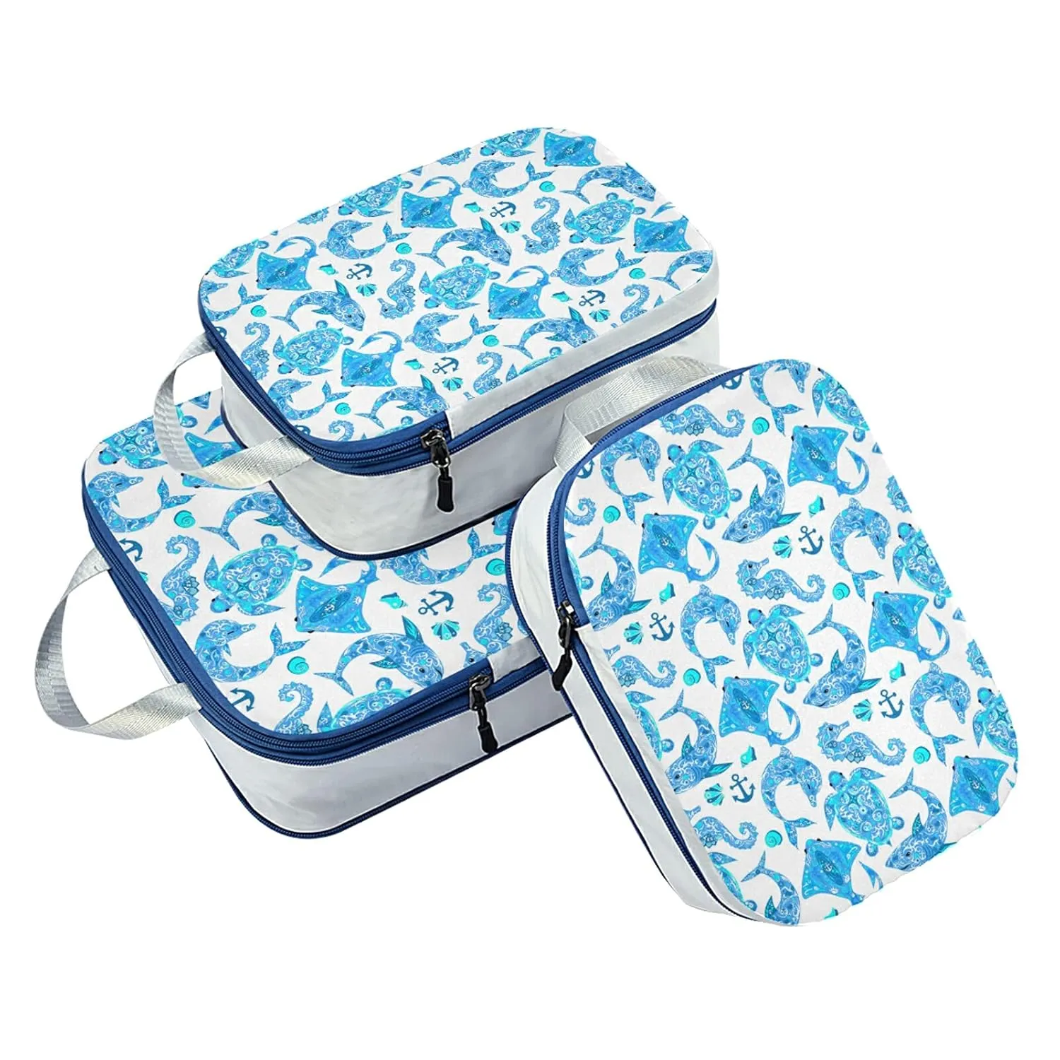 Turquoise Marine Animals, Sea Turtle, Dolphin, Sea Horse on White 3 Set Packing Cubes, Waterproof Check Oxford cloth Organizers, Travel Packing Toiletry Storage Bag
