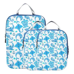 Turquoise Marine Animals, Sea Turtle, Dolphin, Sea Horse on White 3 Set Packing Cubes, Waterproof Check Oxford cloth Organizers, Travel Packing Toiletry Storage Bag