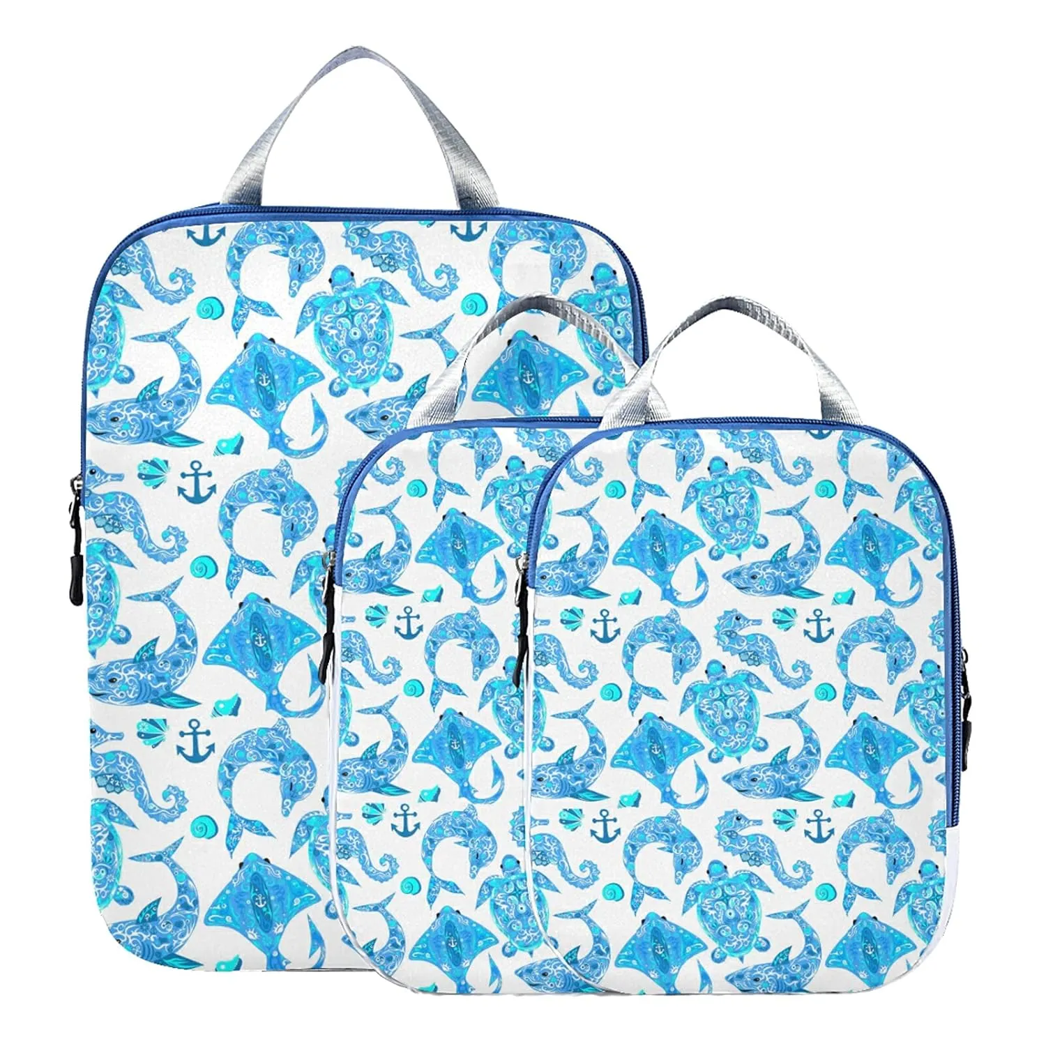 Turquoise Marine Animals, Sea Turtle, Dolphin, Sea Horse on White 3 Set Packing Cubes, Waterproof Check Oxford cloth Organizers, Travel Packing Toiletry Storage Bag