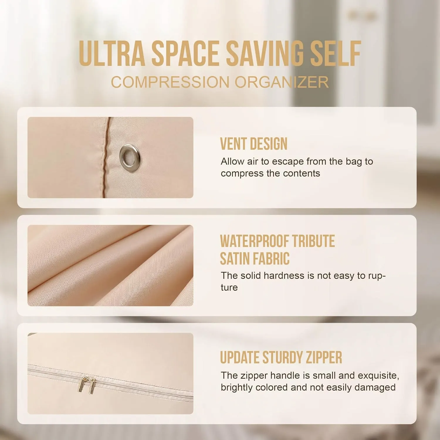 Ultra Space Saving Self Compression Organizer,Packing Cubes,Waterproof And Moisture-Proof,High Capacity,For Blankets Clothes Duvet Comforter（Oatmeal 21.2 * 16.2 * 11.8 In）