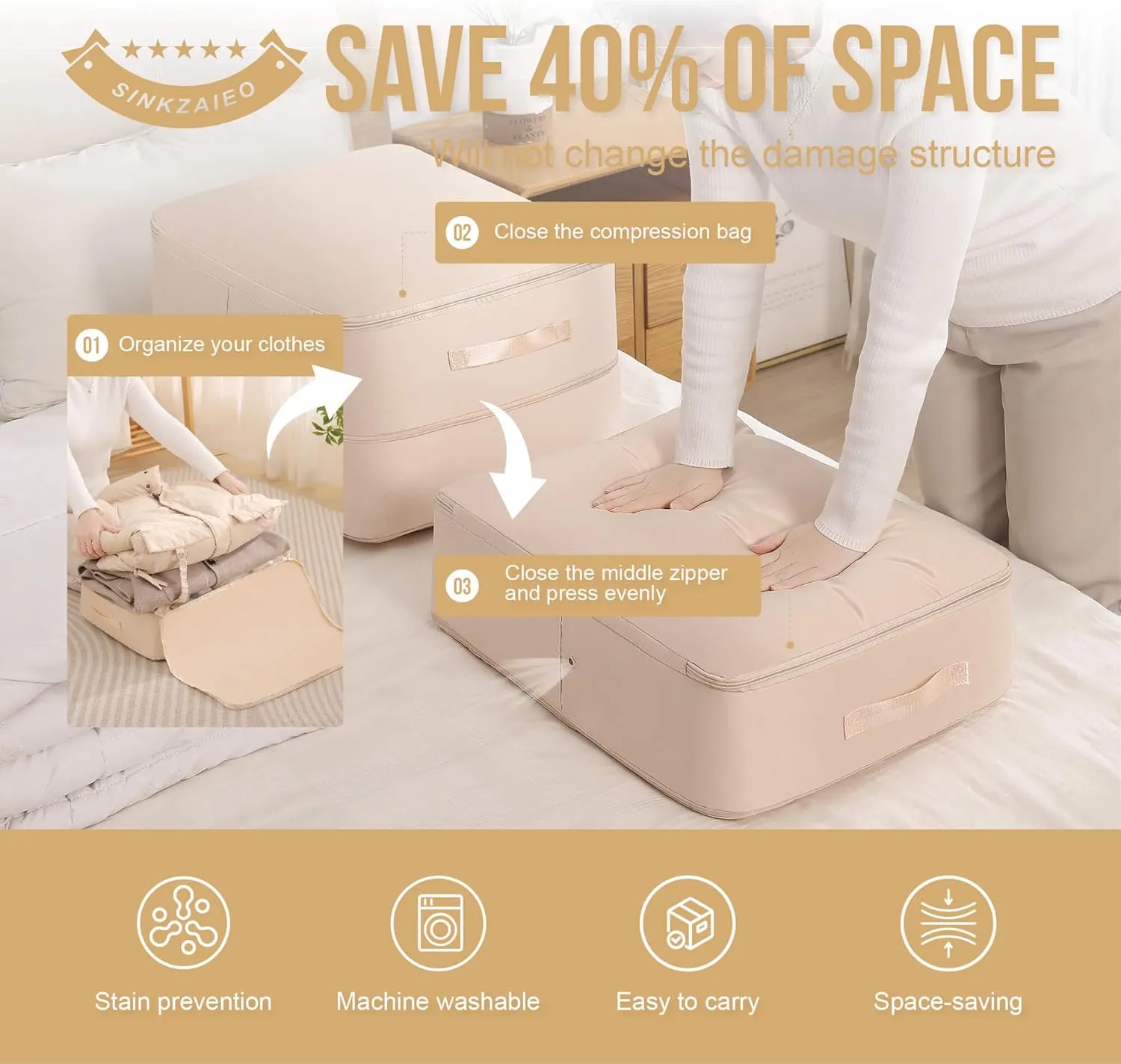 Ultra Space Saving Self Compression Organizer,Packing Cubes,Waterproof And Moisture-Proof,High Capacity,For Blankets Clothes Duvet Comforter（Oatmeal 21.2 * 16.2 * 11.8 In）