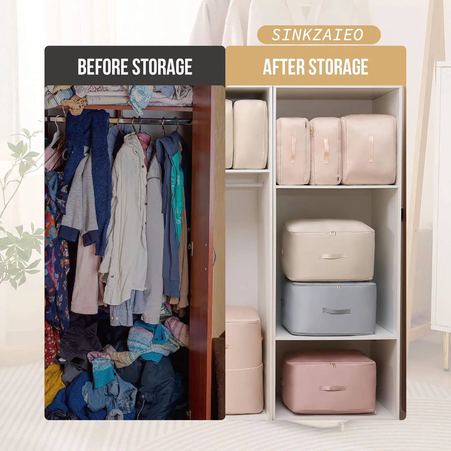 Ultra Space Saving Self Compression Organizer,Packing Cubes,Waterproof And Moisture-Proof,High Capacity,For Blankets Clothes Duvet Comforter（Oatmeal 21.2 * 16.2 * 11.8 In）