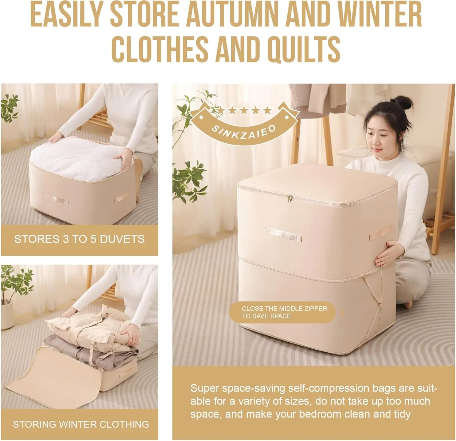 Ultra Space Saving Self Compression Organizer,Packing Cubes,Waterproof And Moisture-Proof,High Capacity,For Blankets Clothes Duvet Comforter（Oatmeal 21.2 * 16.2 * 11.8 In）