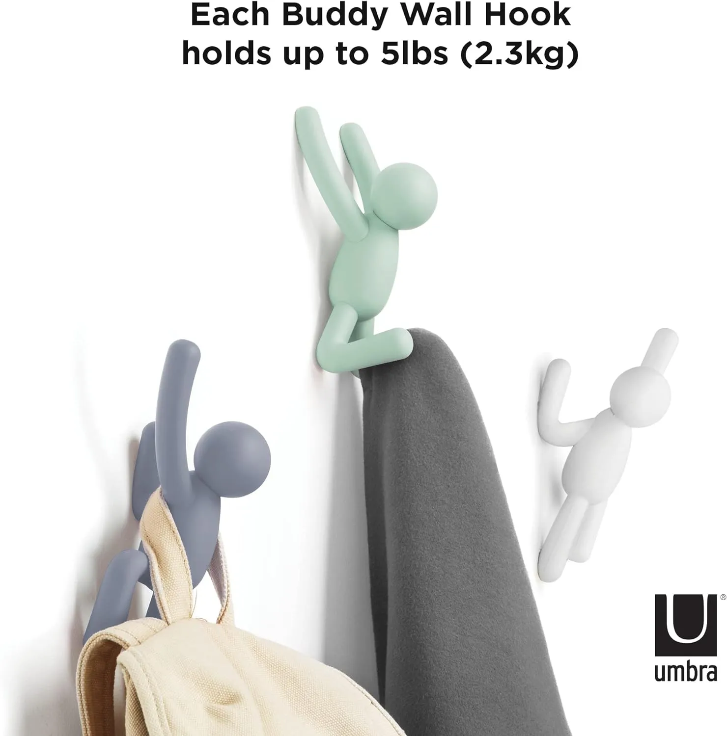 Umbra Buddy Wall Hooks – Decorative Wall Mounted Coat Hooks for Hanging Coats, Scarves, Bags, Purses, Backpacks, Towels and More, Set of 3, White/Grey/Mint