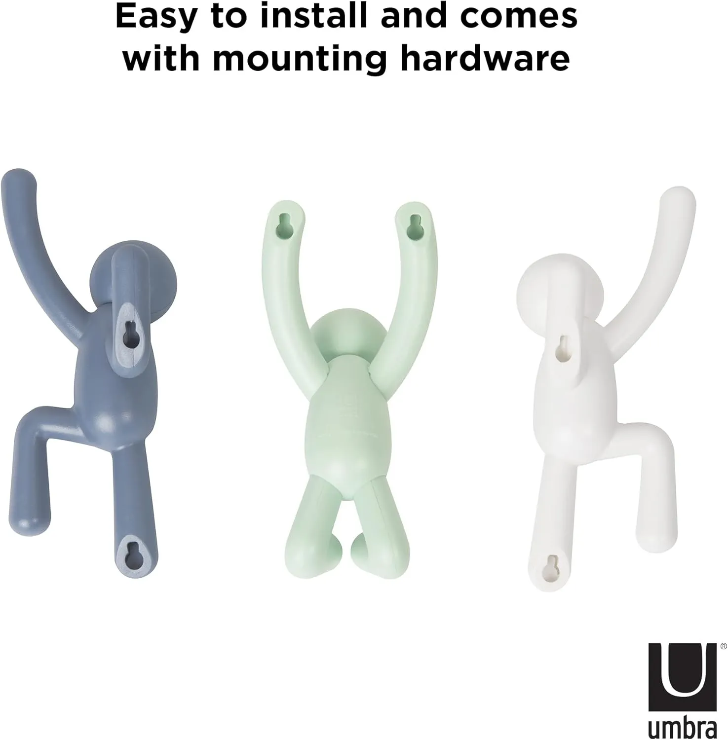 Umbra Buddy Wall Hooks – Decorative Wall Mounted Coat Hooks for Hanging Coats, Scarves, Bags, Purses, Backpacks, Towels and More, Set of 3, White/Grey/Mint