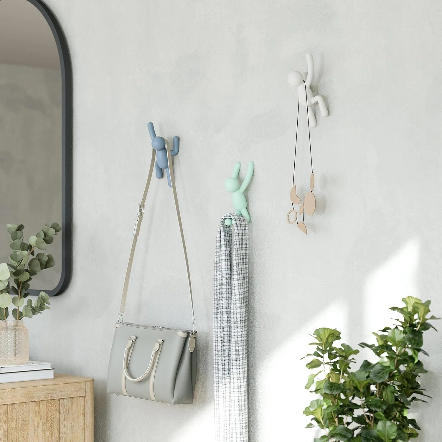 Umbra Buddy Wall Hooks – Decorative Wall Mounted Coat Hooks for Hanging Coats, Scarves, Bags, Purses, Backpacks, Towels and More, Set of 3, White/Grey/Mint