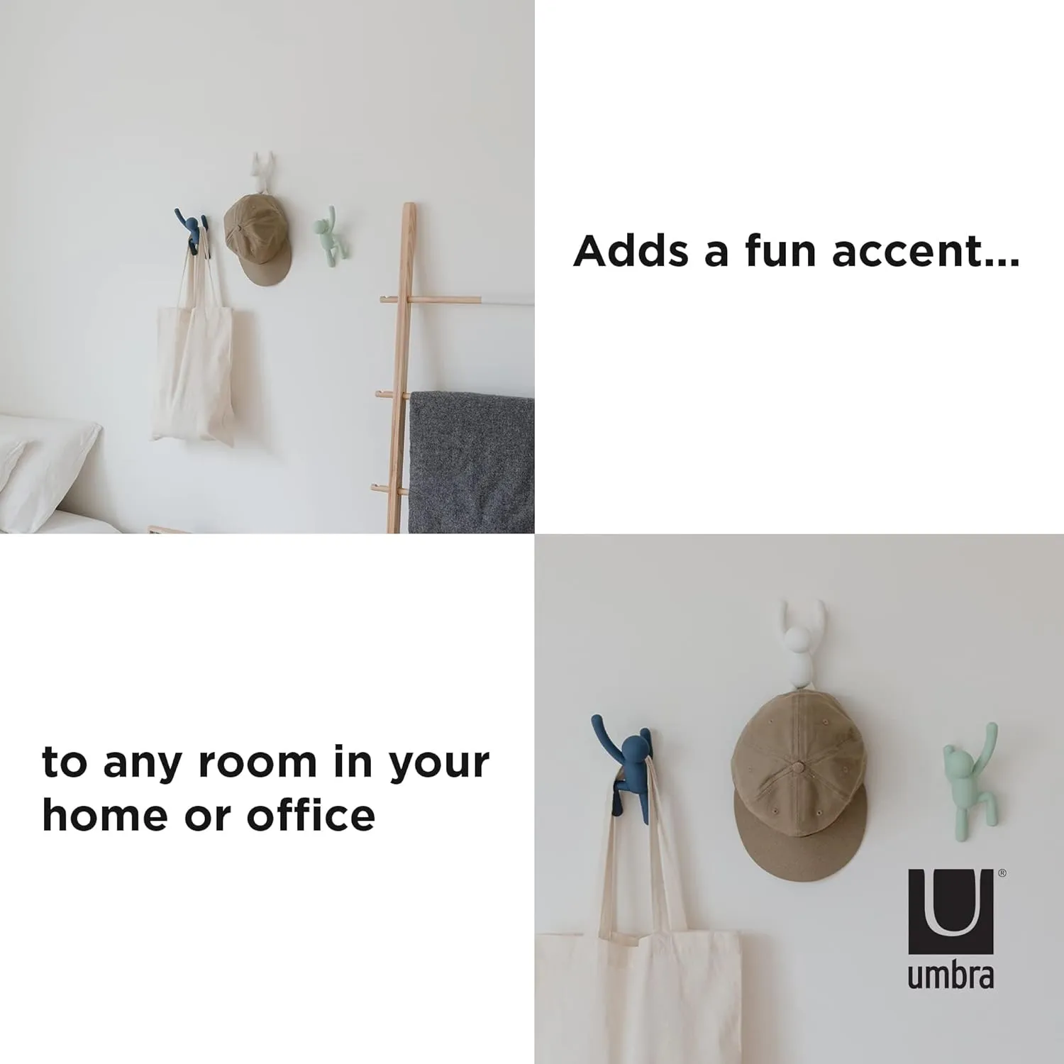 Umbra Buddy Wall Hooks – Decorative Wall Mounted Coat Hooks for Hanging Coats, Scarves, Bags, Purses, Backpacks, Towels and More, Set of 3, White/Grey/Mint