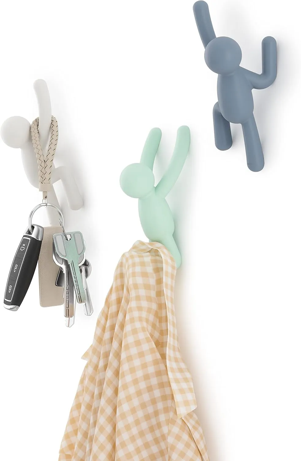 Umbra Buddy Wall Hooks – Decorative Wall Mounted Coat Hooks for Hanging Coats, Scarves, Bags, Purses, Backpacks, Towels and More, Set of 3, White/Grey/Mint