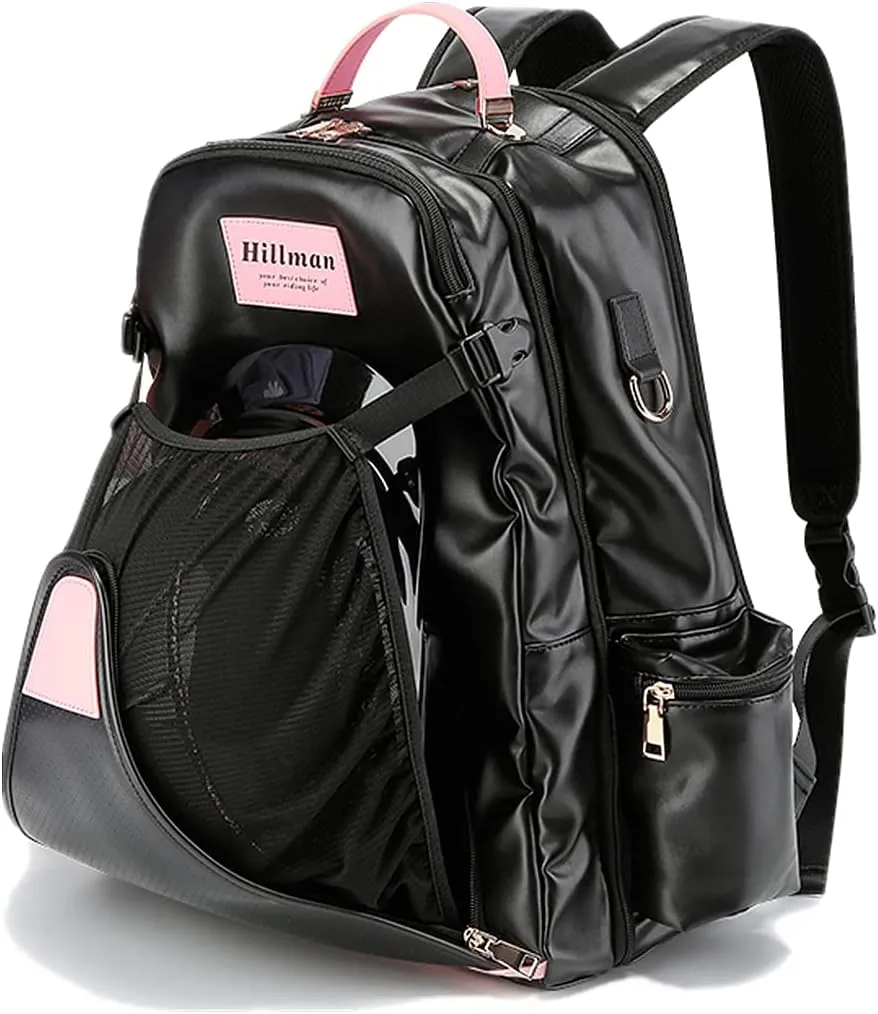 UNISTRENGH Professional Equestrian Backpack with Helmet Holder Horse Riding Bag with Multiple Compartments Carry All Accessories Ringside Equipment Casual Daypack Backpacks (Black with pink)