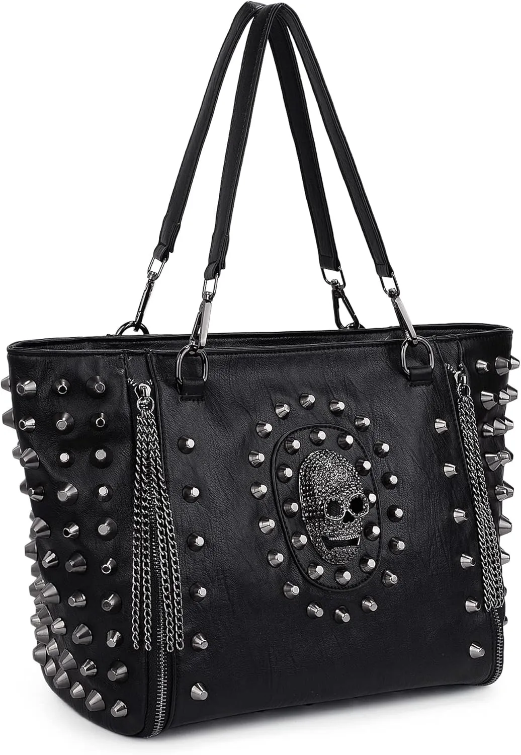 UTO Women Skull Tote Bag PU Washed Leather Rivet Studded Ladies Purse Shoulder Bag