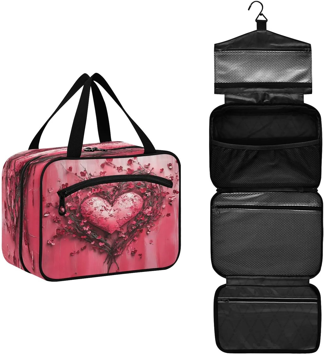 Valentine Heart Twig Travel Toiletry Bag for Women Men, Hanging Organizer Makeup Bag, Roll up Waterproof Travel Essentials
