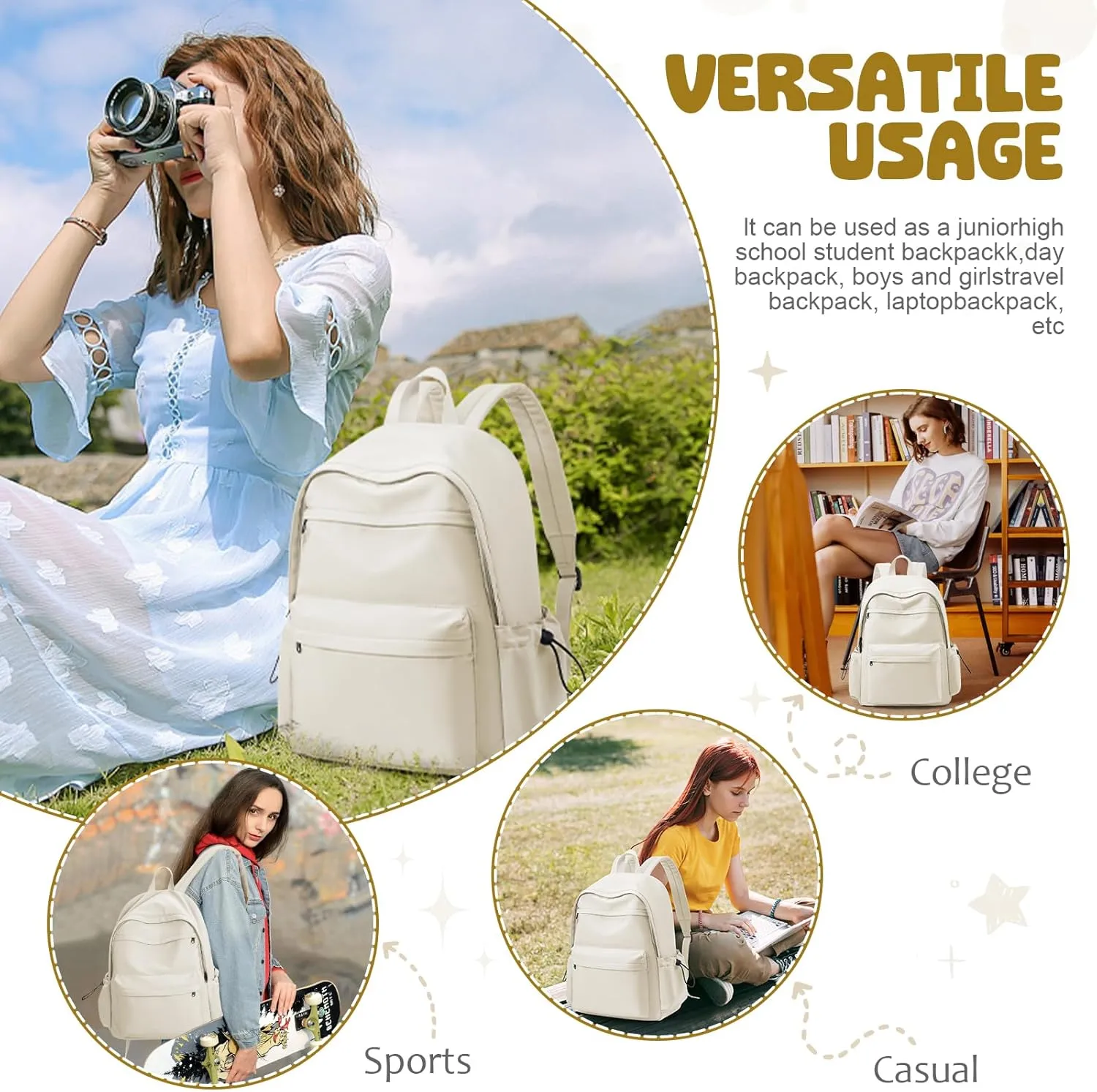 VECAVE School Backpack College High School Bags backpack for Boys Girls Teens Waterproof Bookbag Casual Lightweight Travel Rucksack Daypack Backpacks for Men Women Beige