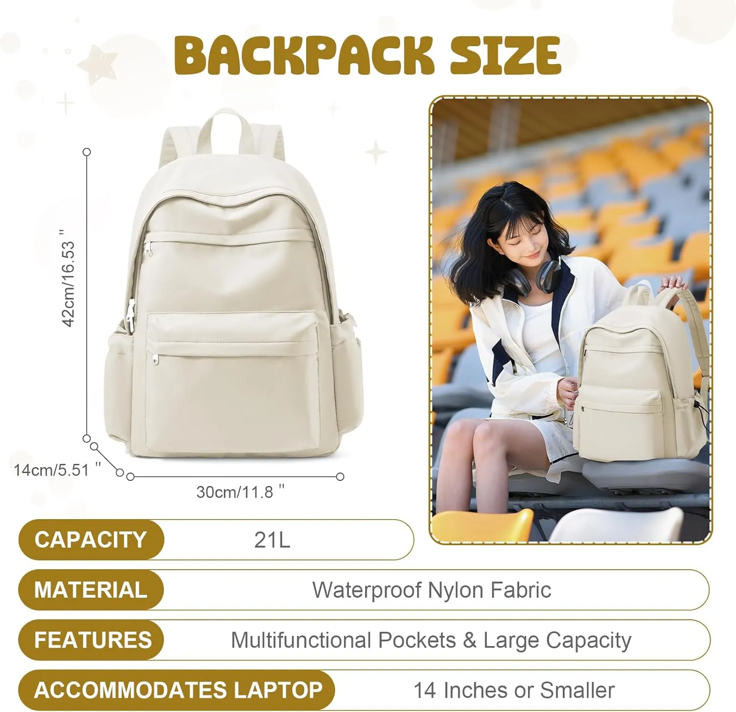 VECAVE School Backpack College High School Bags backpack for Boys Girls Teens Waterproof Bookbag Casual Lightweight Travel Rucksack Daypack Backpacks for Men Women Beige
