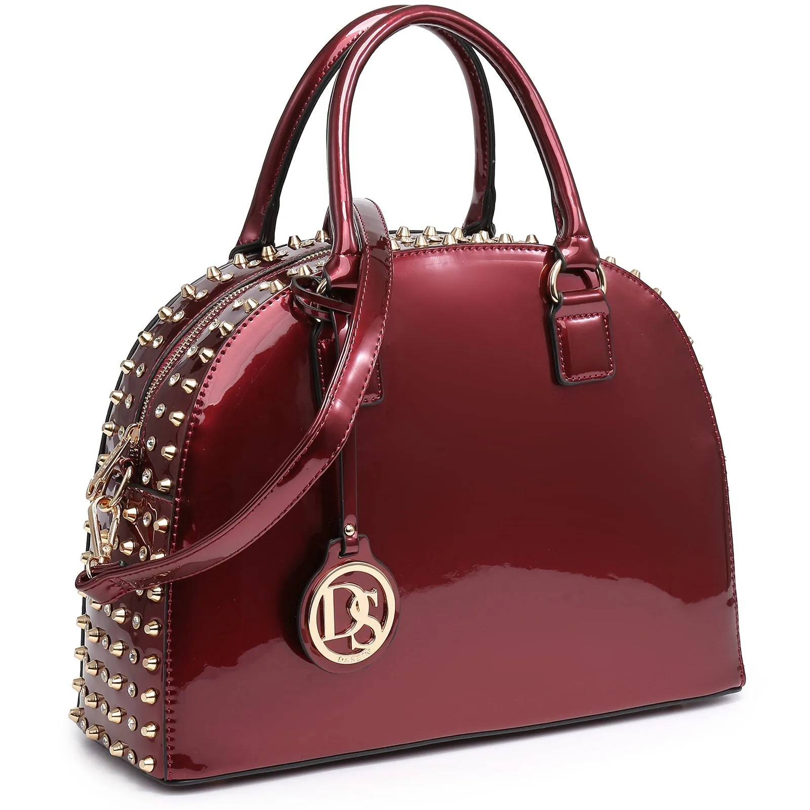 Vegan Leather Handbag Domed Satchel Rhinstone Structured Bag (-1)