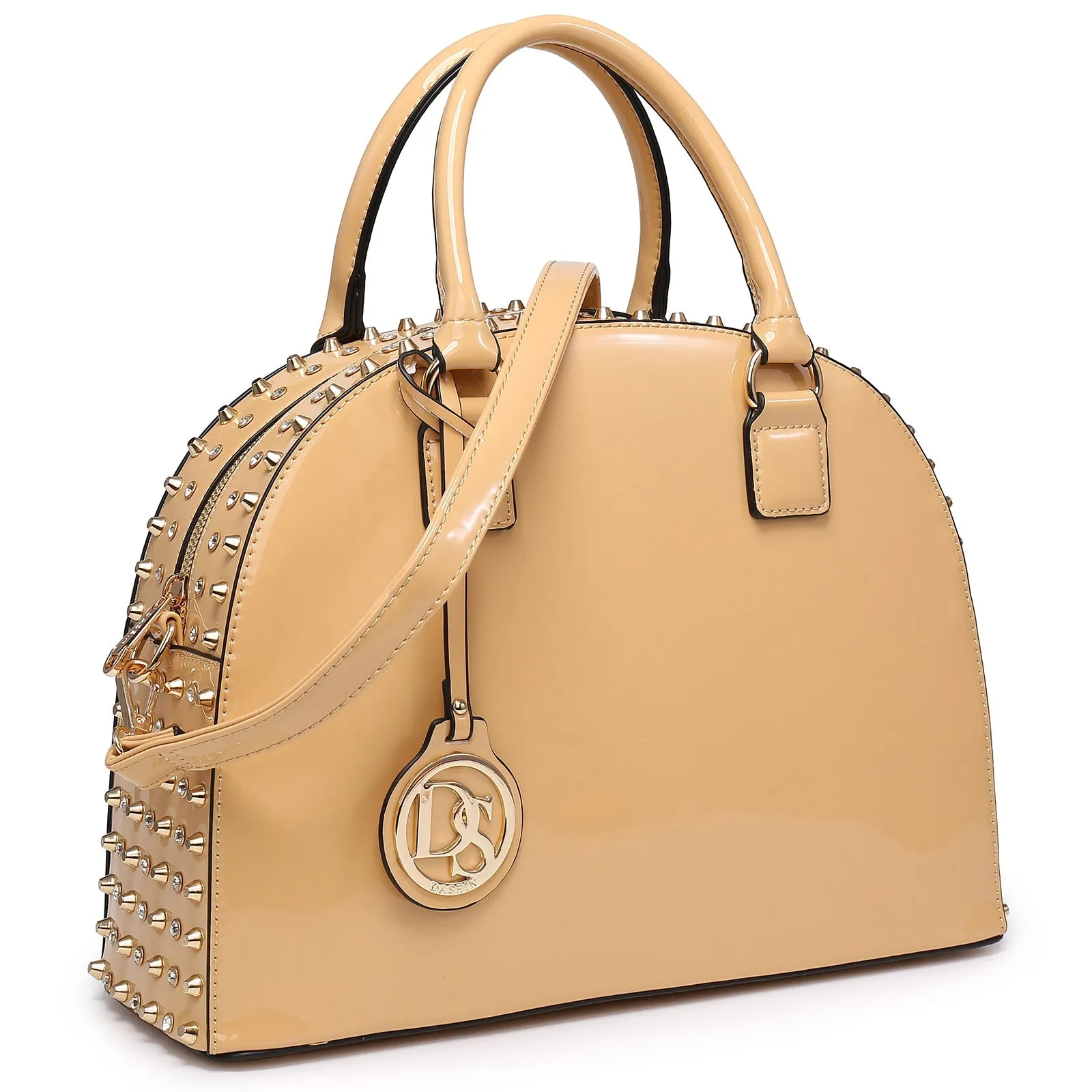 Vegan Leather Handbag Domed Satchel Rhinstone Structured Bag (-1)