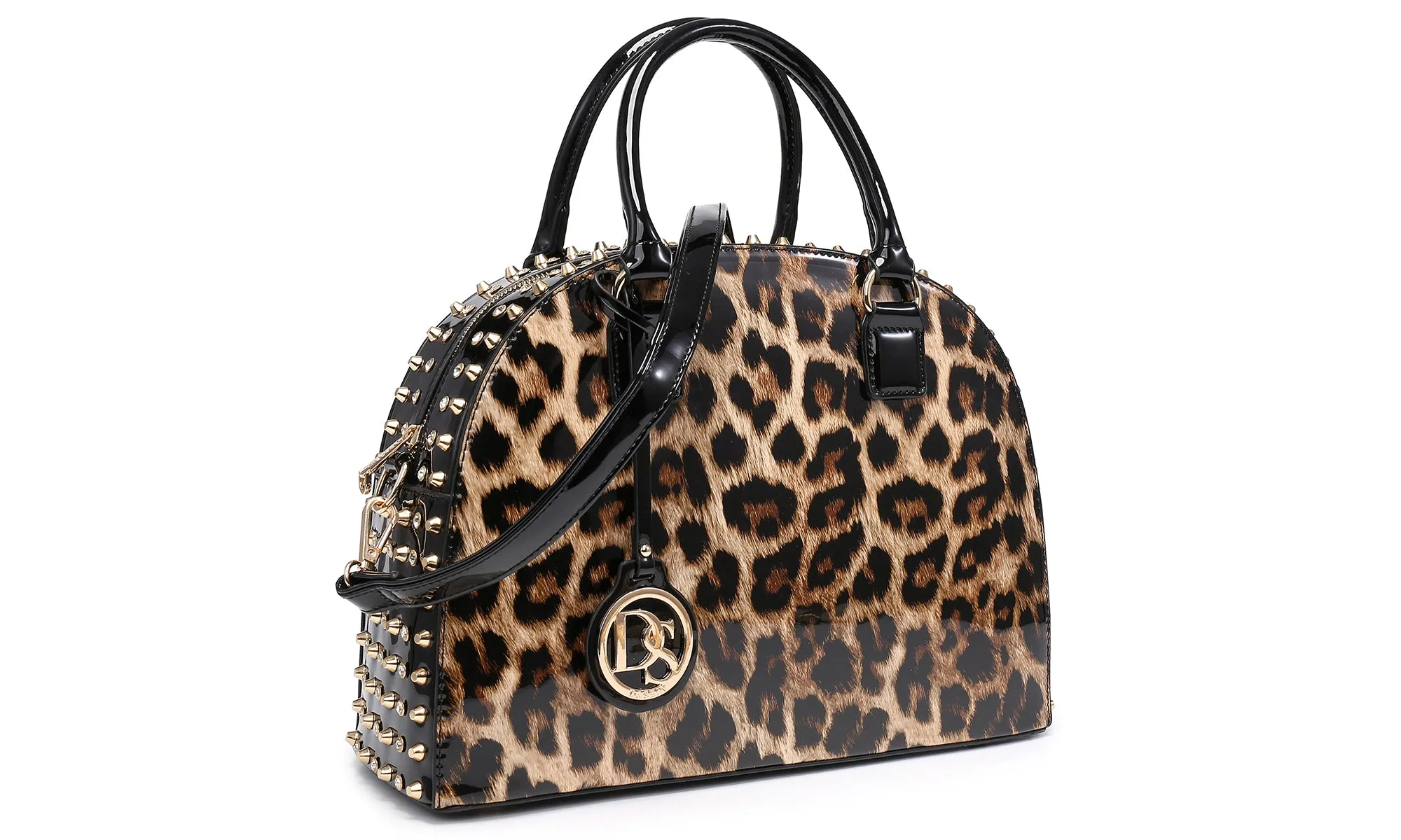 Vegan Leather Handbag Domed Satchel Rhinstone Structured Bag (-1)