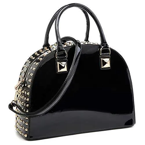 Vegan Leather Handbag Domed Satchel Rhinstone Structured Bag (-1)
