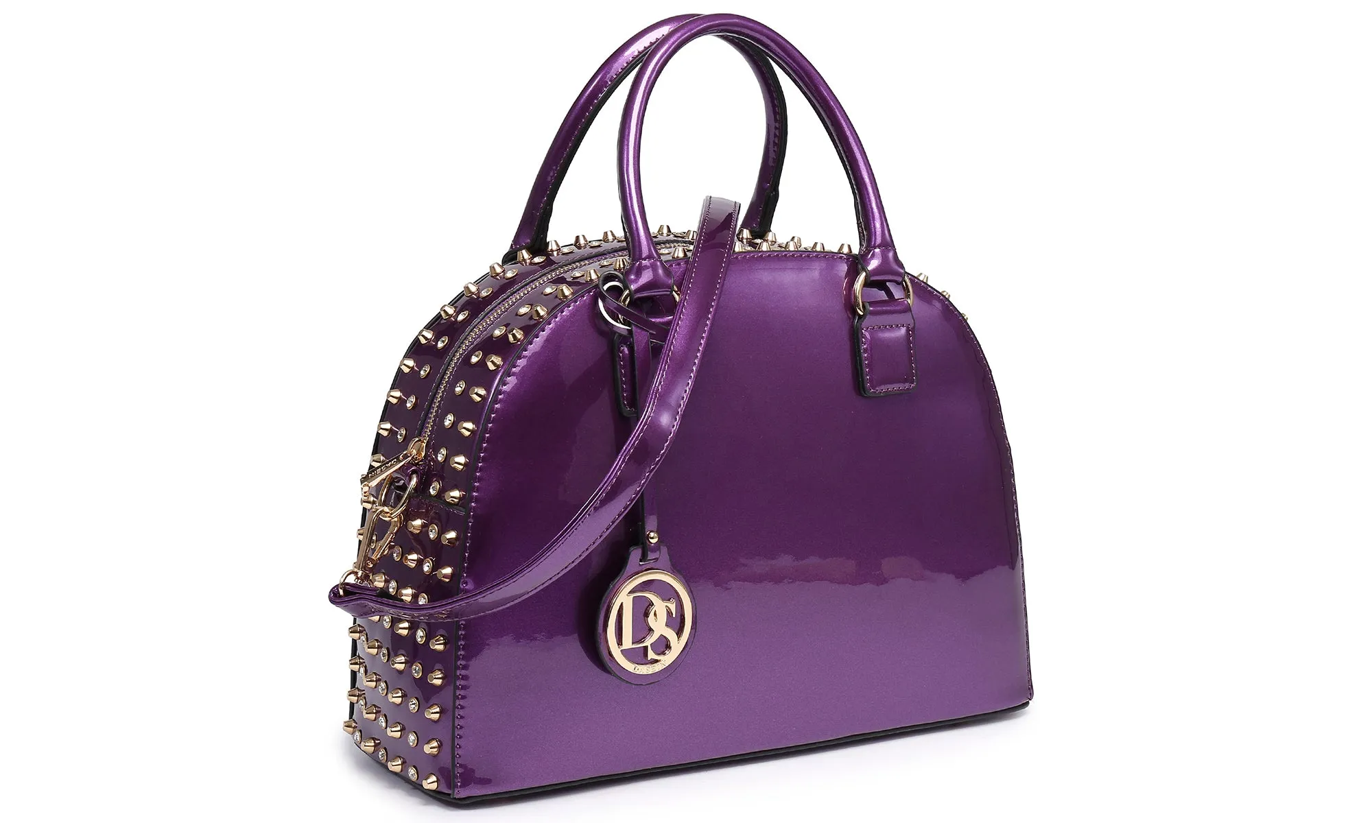 Vegan Leather Handbag Domed Satchel Rhinstone Structured Bag (-1)