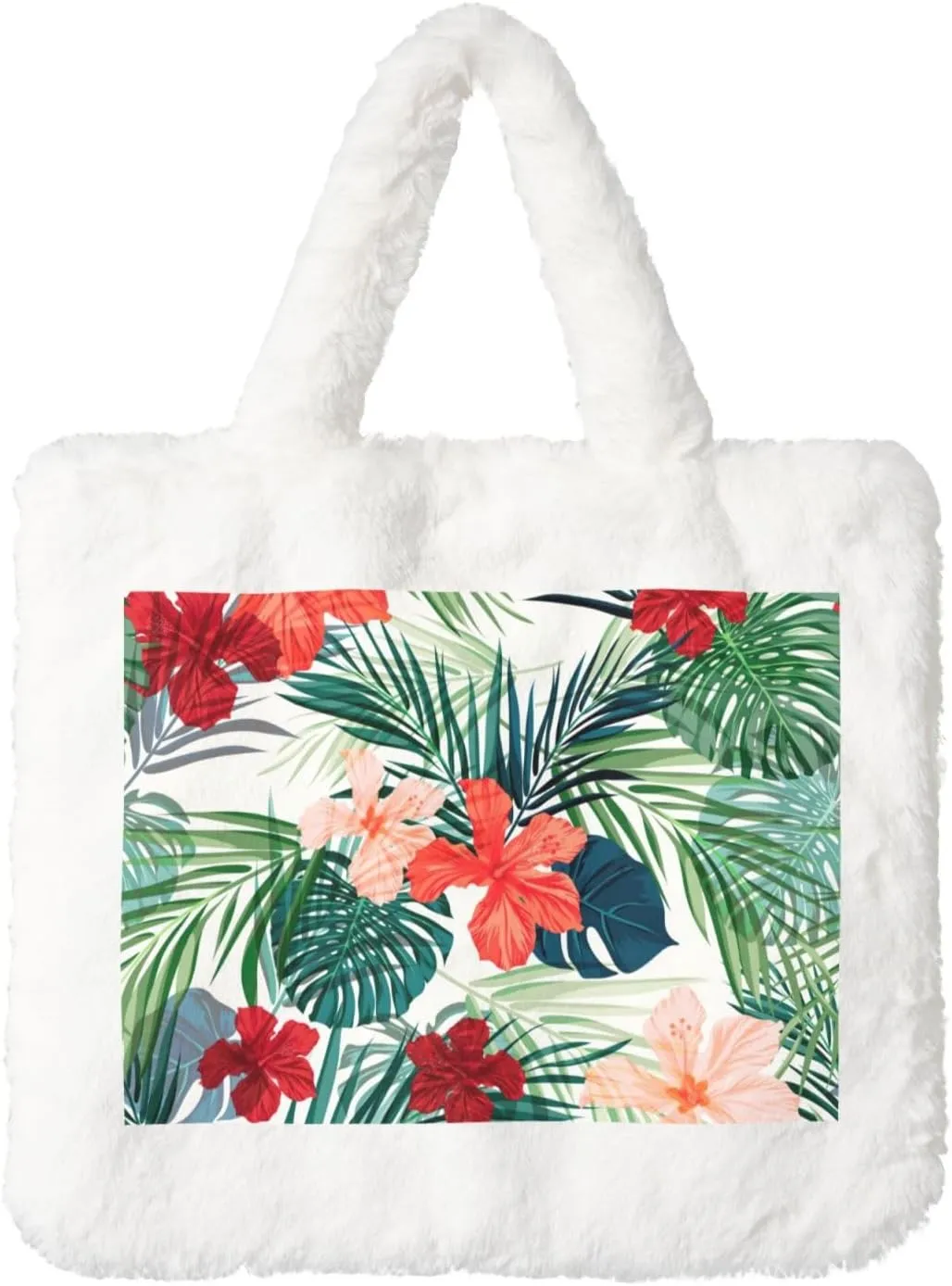 Vegetation Leaves with Hibiscus Flowers Print Handbag Plush Tote Bag Women Ladies Tote Purse Handbag Fluffy Shopping Dating Bag
