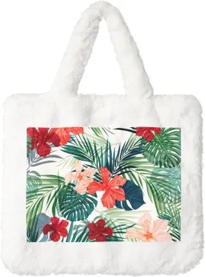 Vegetation Leaves with Hibiscus Flowers Print Handbag Plush Tote Bag Women Ladies Tote Purse Handbag Fluffy Shopping Dating Bag