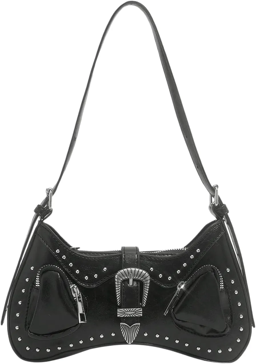 Verdusa Women's Punk Studded PU Leather Handbags Vintage Shoulder Bag Top Handle Underarm Bag