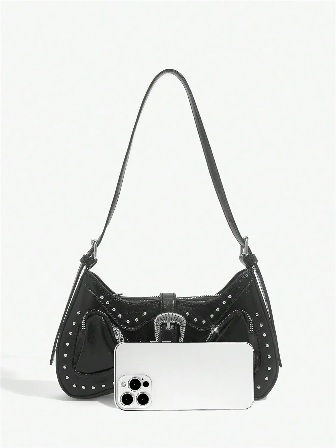 Verdusa Women's Punk Studded PU Leather Handbags Vintage Shoulder Bag Top Handle Underarm Bag