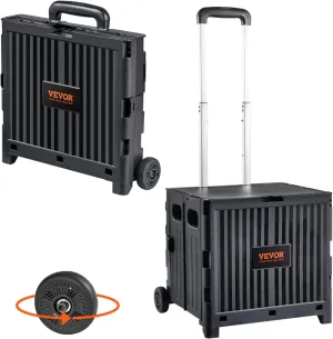VEVOR Foldable Utility Cart, 80 lbs Load Capacity, Folding Portable Rolling Crate Handcart with Durable Heavy Duty Telescoping Handle and 2 Wheels for Travel Shopping Moving Luggage Office Use, Black