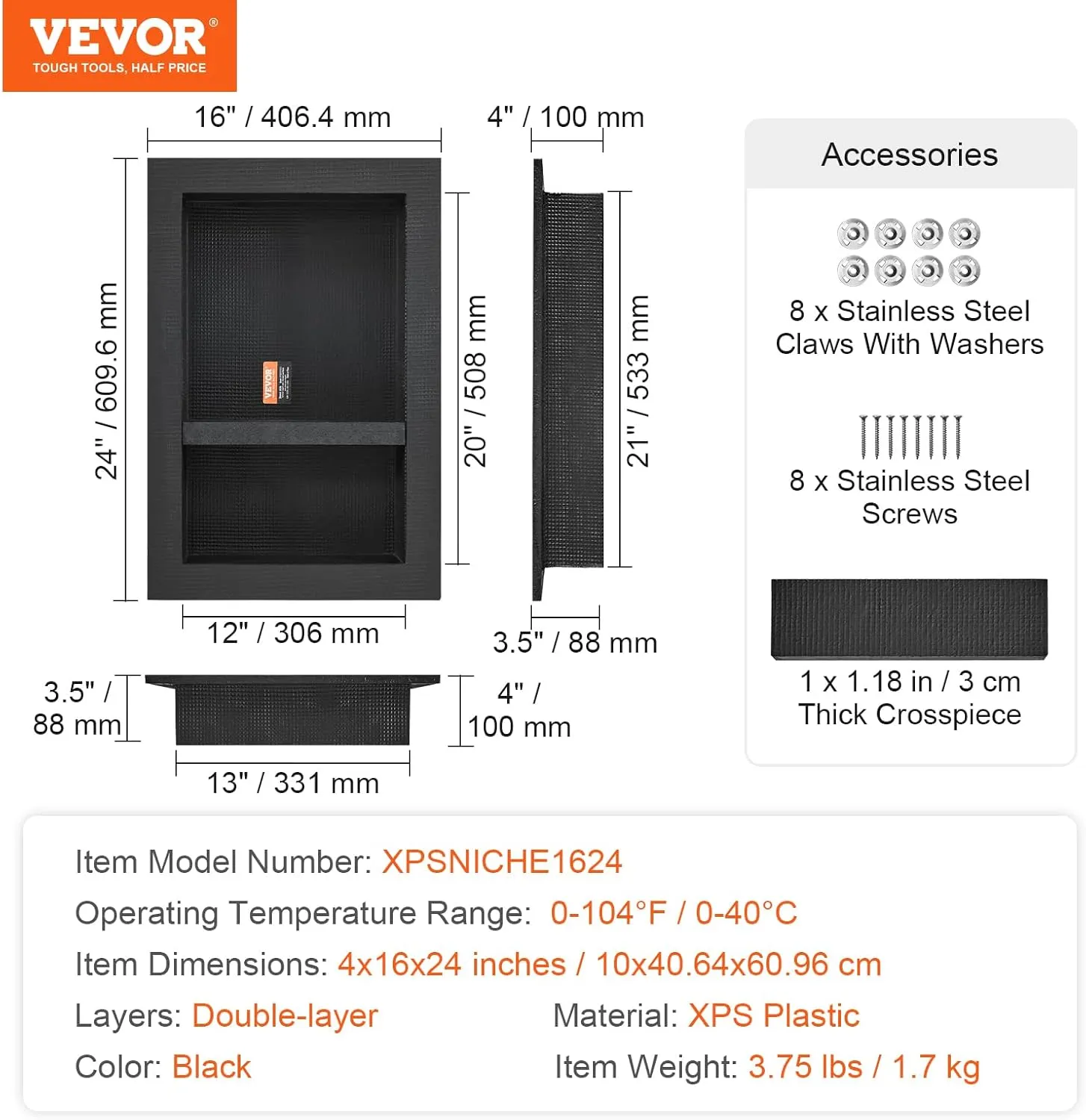 VEVOR Shower Niche Ready for Tile 16" x 24", Double Shelf Organizer, Square Corners Wall-inserted Niche Recessed, Sealed Protection Modern Soap Storage Niche for Shower Bathroom, Black
