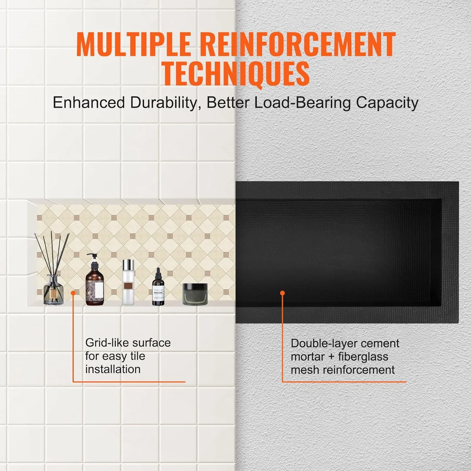 VEVOR Shower Niche Ready for Tile 16" x 50", Single Shelf Organizer, Square Corners Wall-inserted Niche Recessed, Sealed Protection Modern Soap Storage Niche for Shower Bathroom, Black