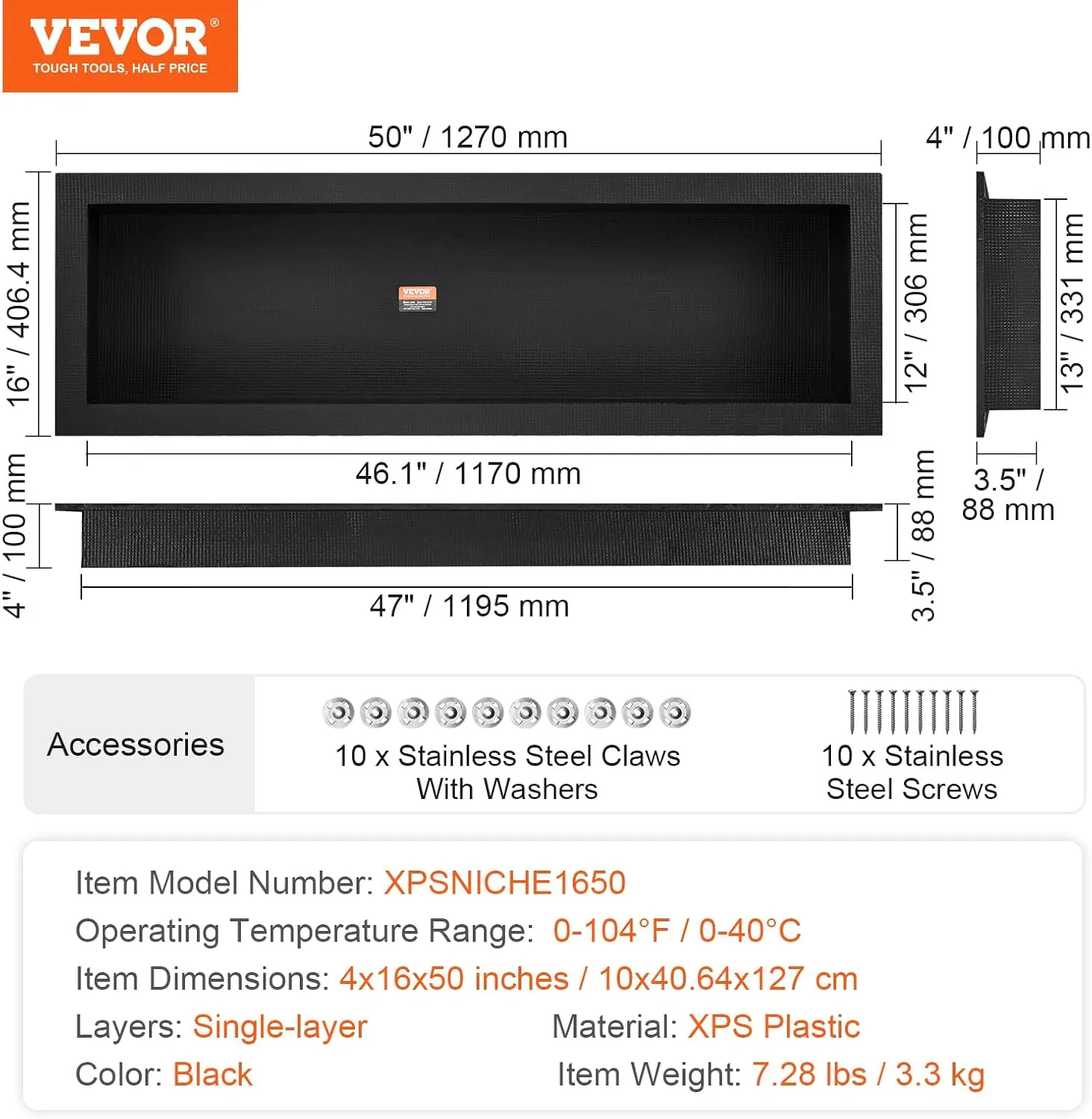 VEVOR Shower Niche Ready for Tile 16" x 50", Single Shelf Organizer, Square Corners Wall-inserted Niche Recessed, Sealed Protection Modern Soap Storage Niche for Shower Bathroom, Black