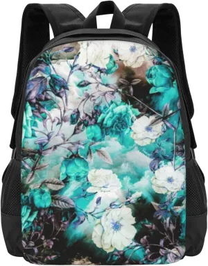 Victorian Roses Floral Turquoise Teal White Black Lightweight Packable Backpack Travel Casual Large Capacity Daypack Foldable Backpack For Men Women