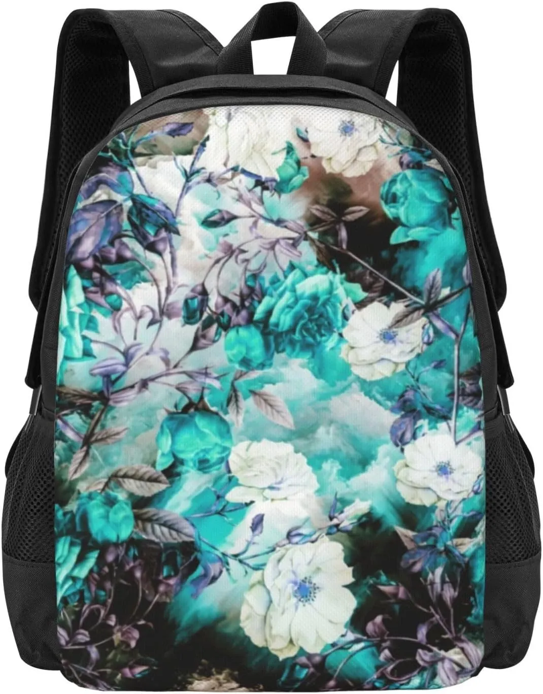 Victorian Roses Floral Turquoise Teal White Black Lightweight Packable Backpack Travel Casual Large Capacity Daypack Foldable Backpack For Men Women