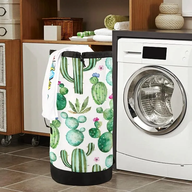 VIGTRO Laundry Bag Backpack Hamper Basket Large Heavy Duty Cactus Succulent Floral Printed, Dirty Clothes Organizer with Shoulder Straps for College Dorm Room Apartment Travel Gym Hotel