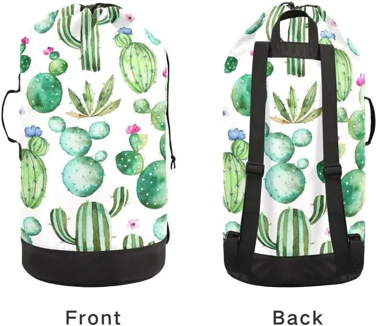 VIGTRO Laundry Bag Backpack Hamper Basket Large Heavy Duty Cactus Succulent Floral Printed, Dirty Clothes Organizer with Shoulder Straps for College Dorm Room Apartment Travel Gym Hotel