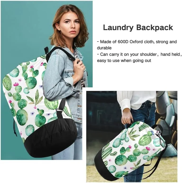 VIGTRO Laundry Bag Backpack Hamper Basket Large Heavy Duty Cactus Succulent Floral Printed, Dirty Clothes Organizer with Shoulder Straps for College Dorm Room Apartment Travel Gym Hotel