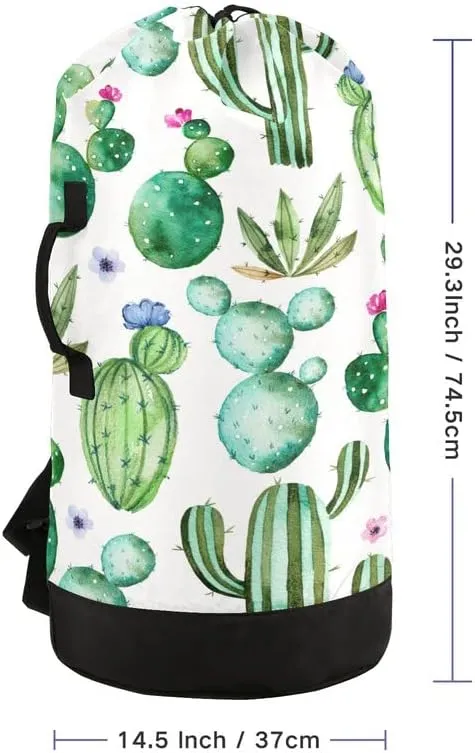 VIGTRO Laundry Bag Backpack Hamper Basket Large Heavy Duty Cactus Succulent Floral Printed, Dirty Clothes Organizer with Shoulder Straps for College Dorm Room Apartment Travel Gym Hotel
