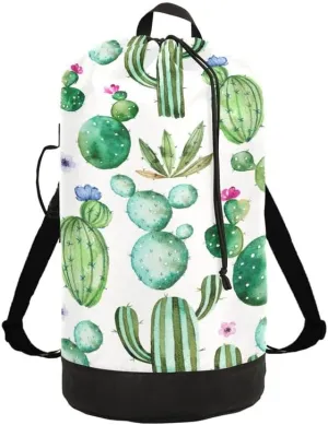 VIGTRO Laundry Bag Backpack Hamper Basket Large Heavy Duty Cactus Succulent Floral Printed, Dirty Clothes Organizer with Shoulder Straps for College Dorm Room Apartment Travel Gym Hotel
