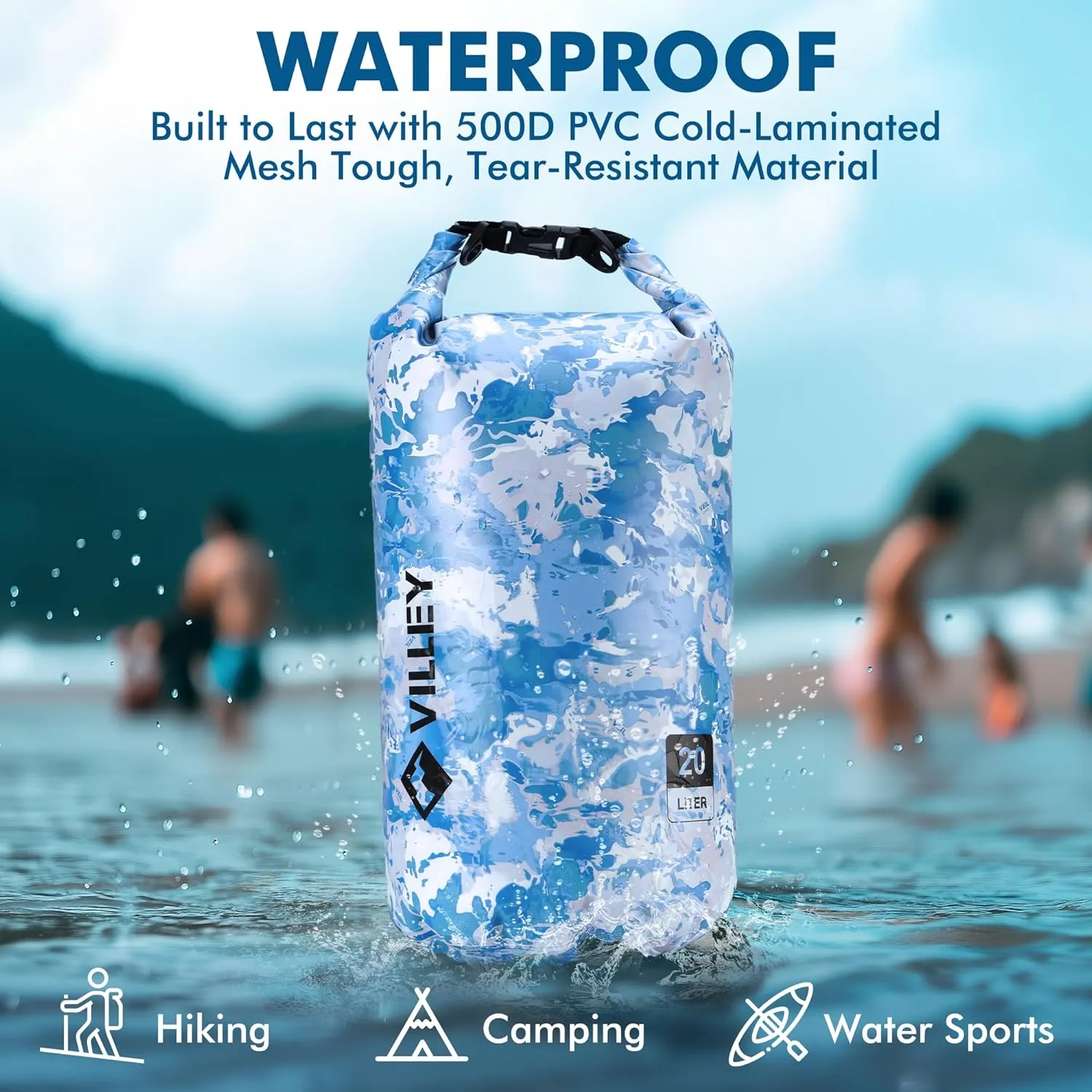 VILLEY Dry Bag Waterproof 10L Roll Top Sack Keeps Gear Dry Lightweight Dry Sack with Waterproof Phone Case for Kayaking Boating Camping Swimming and Beach Adventures Blue Camo