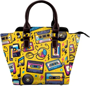 Vintage-Cassette-Tapes Pu Leather Crossbody Studded Bag, Fashionable Shoulder Handbag With Detachable Shoulder Strap