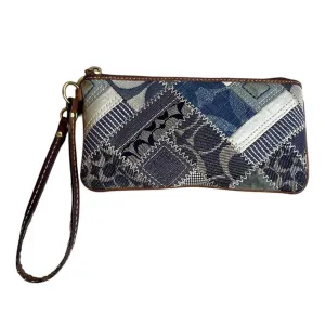 Vintage Coach Women's Blue Denim Brand Logo Patchwork Canvas Wristlet Sz M