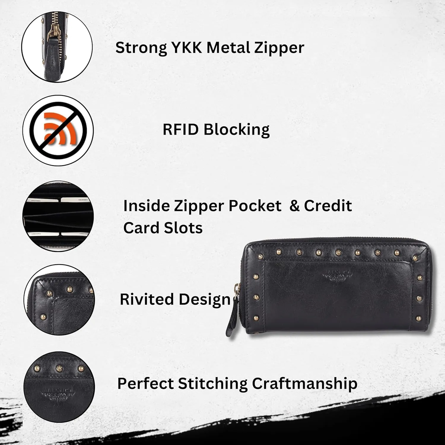 Vintage Genuine Italian Leather Boho Studded Wallet – Zipper Coin Purse & Credit Card Holder for Women (Black)